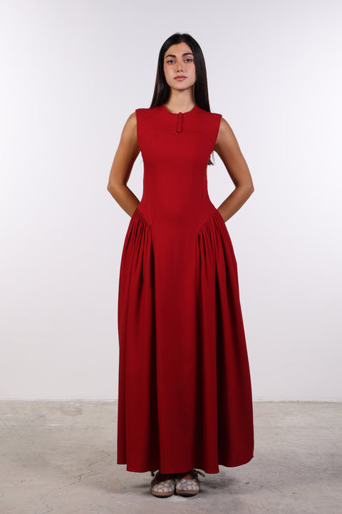 PANELLED MAXI DRESS SLEEVELESS — WOMENS RED