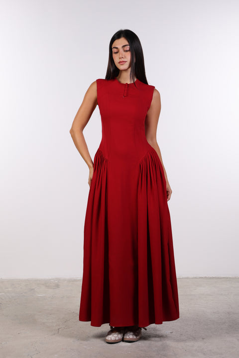PANELLED MAXI DRESS SLEEVELESS — WOMENS RED