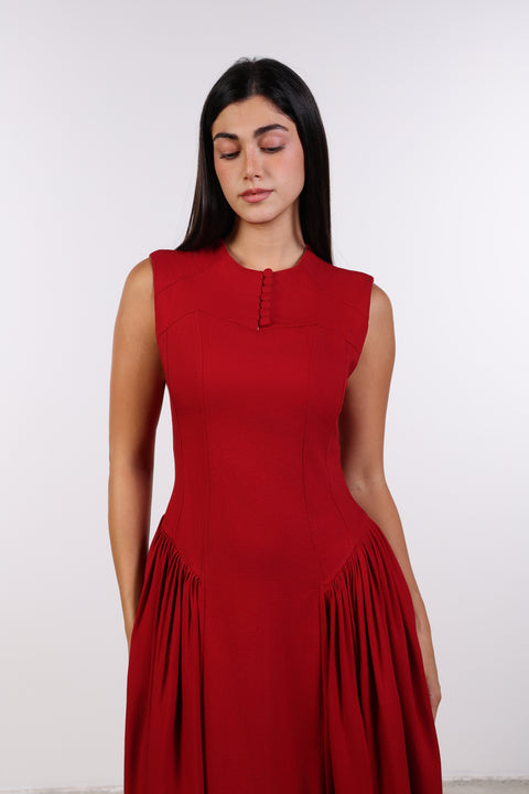 PANELLED MAXI DRESS SLEEVELESS — WOMENS RED