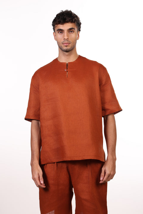 THE SUMMER LINEN HALF SLEEVES SHIRT — MENS BURNT ORANGE
