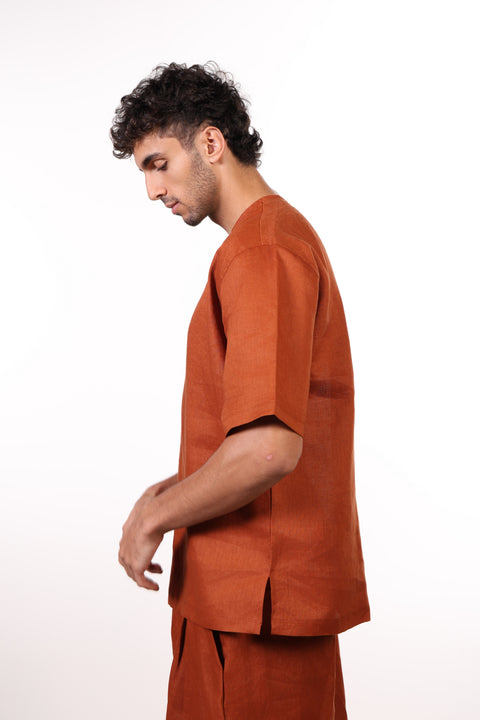 THE SUMMER LINEN HALF SLEEVES SHIRT — MENS BURNT ORANGE