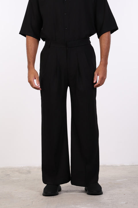 THE DOUBLE-PLEAT LINEN BLEND PANTS  — MENS BLACK