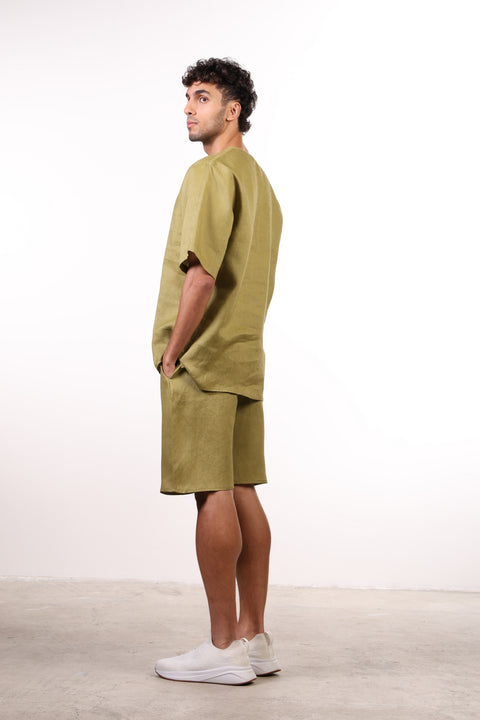 THE SHORE LINEN HALF SLEEVES SHIRT — MENS MOSS GREEN