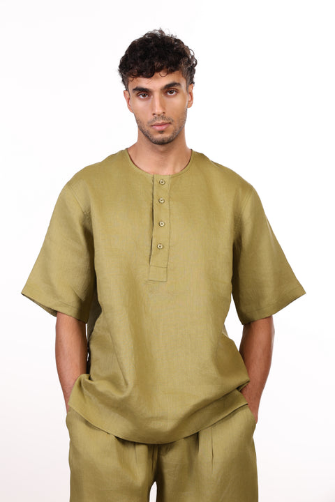 THE SHORE LINEN HALF SLEEVES SHIRT — MENS MOSS GREEN