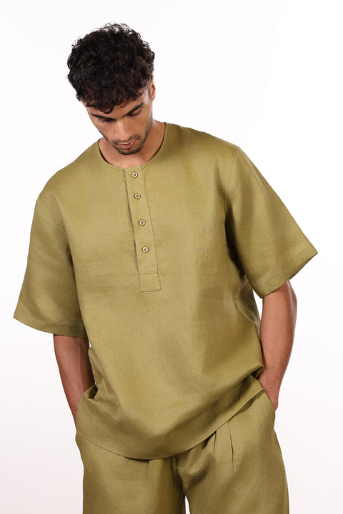 THE SUMMER LINEN HALF SLEEVES SET — MENS MOSS GREEN