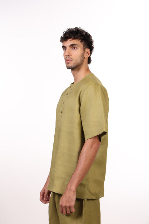THE SHORE LINEN HALF SLEEVES SHIRT — MENS MOSS GREEN