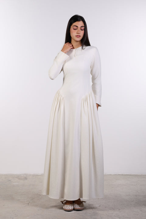 PANELLED MAXI DRESS FULL SLEEVES — WOMENS OFF WHITE