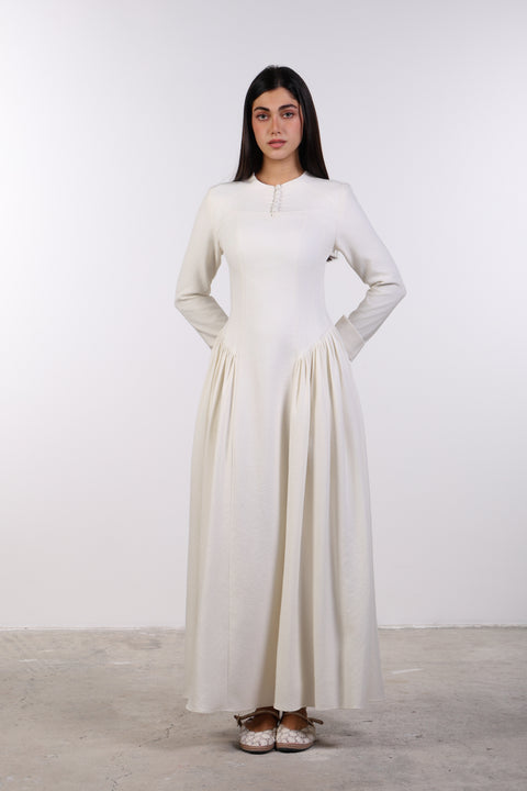 PANELLED MAXI DRESS FULL SLEEVES — WOMENS OFF WHITE