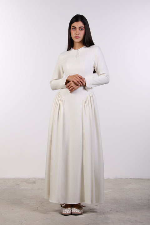 PANELLED MAXI DRESS FULL SLEEVES — WOMENS OFF WHITE