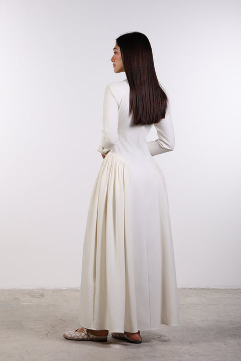 PANELLED MAXI DRESS FULL SLEEVES — WOMENS OFF WHITE