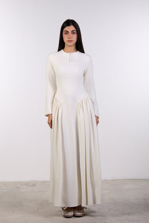 PANELLED MAXI DRESS FULL SLEEVES — WOMENS OFF WHITE