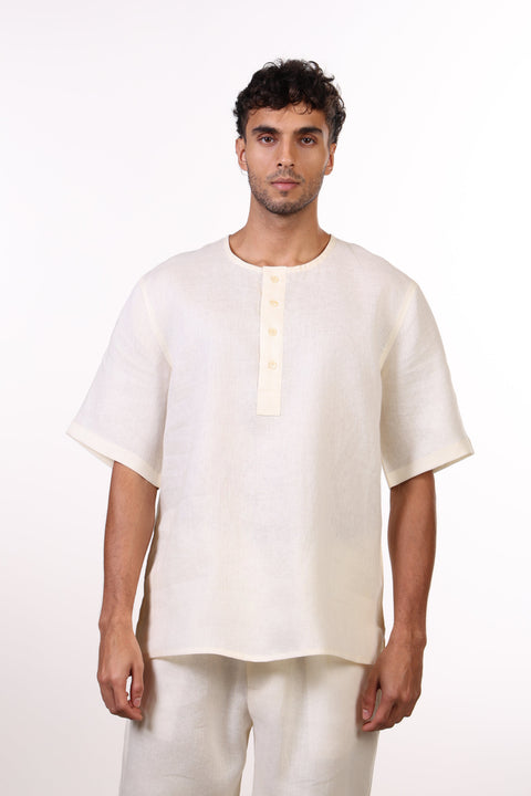 THE SHORE LINEN HALF SLEEVES SHIRT — MENS OFF WHITE