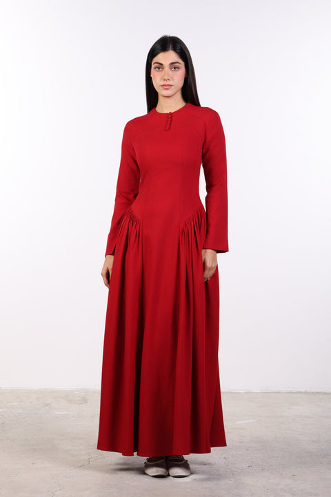 PANELLED MAXI DRESS FULL SLEEVES — WOMENS RED