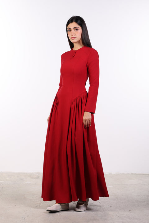 PANELLED MAXI DRESS FULL SLEEVES — WOMENS RED