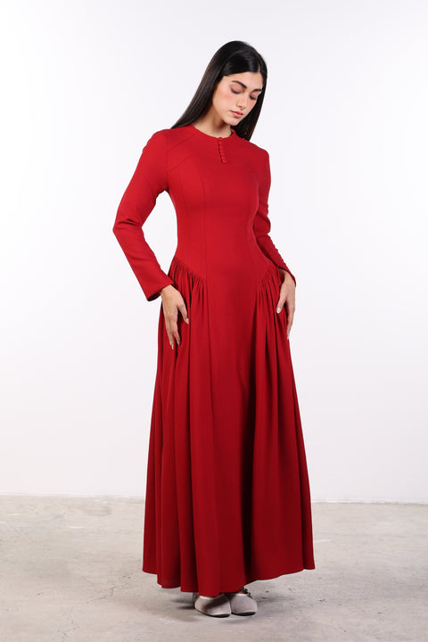 PANELLED MAXI DRESS FULL SLEEVES — WOMENS RED