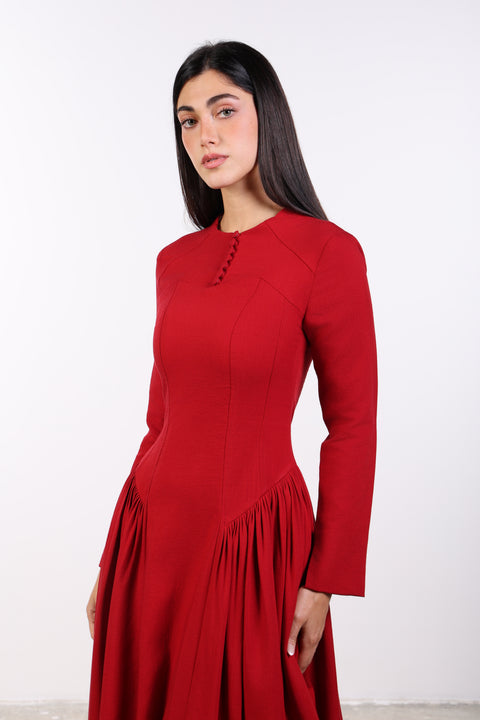 PANELLED MAXI DRESS FULL SLEEVES — WOMENS RED