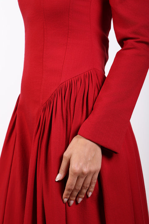 PANELLED MAXI DRESS FULL SLEEVES — WOMENS RED