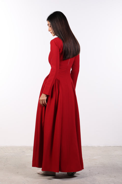 PANELLED MAXI DRESS FULL SLEEVES — WOMENS RED