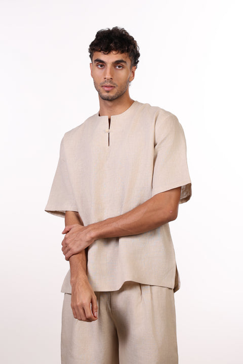 THE SUMMER LINEN HALF SLEEVES SHIRT — MENS BEIGE