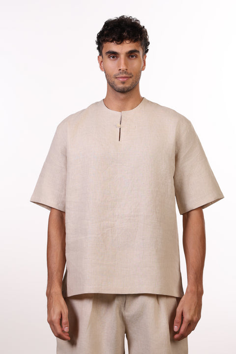 THE SUMMER LINEN HALF SLEEVES SHIRT — MENS BEIGE
