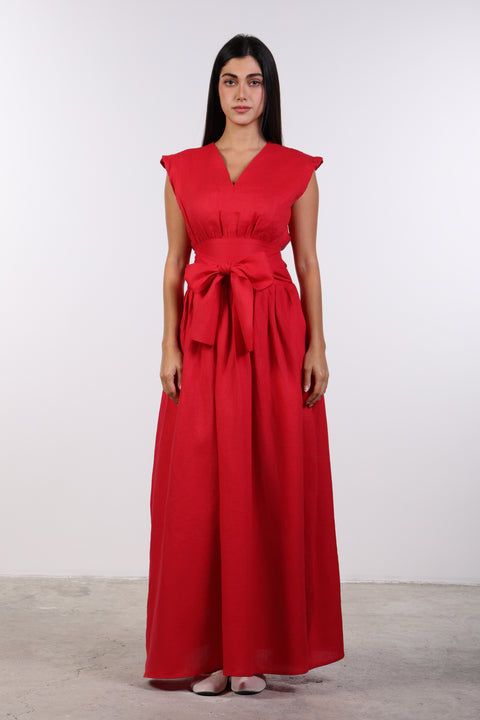 LINEN BOW MAXI DRESS — WOMENS RED