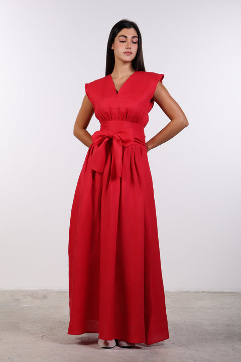 LINEN BOW MAXI DRESS — WOMENS RED