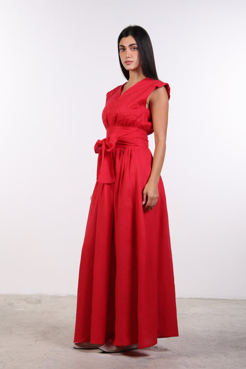 LINEN BOW MAXI DRESS — WOMENS RED