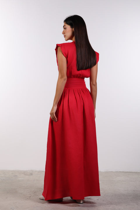 LINEN BOW MAXI DRESS — WOMENS RED