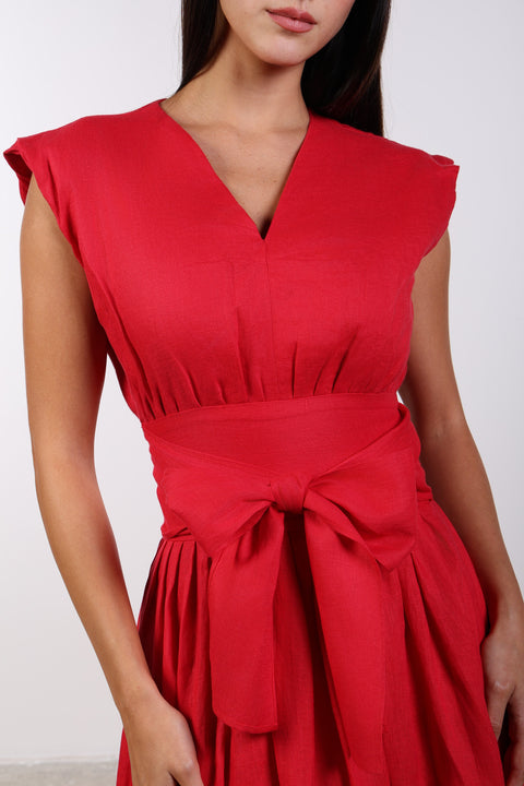 LINEN BOW MAXI DRESS — WOMENS RED