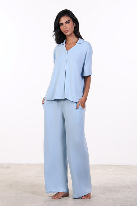 PYJAMA HALF SLEEVES SET — WOMENS SKY BLUE
