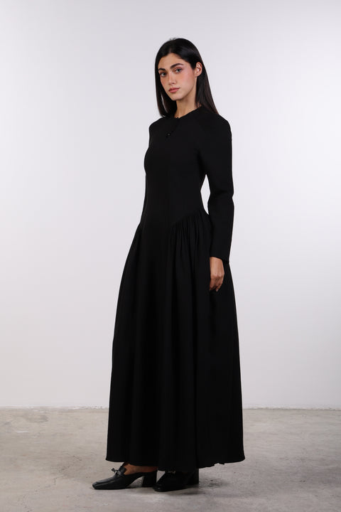 PANELLED MAXI DRESS FULL SLEEVES — WOMENS BLACK