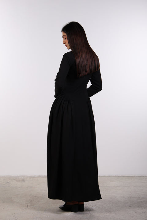 PANELLED MAXI DRESS FULL SLEEVES — WOMENS BLACK
