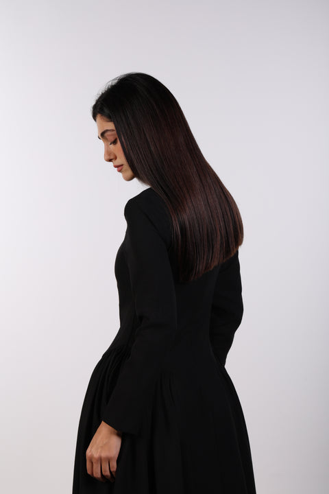 PANELLED MAXI DRESS FULL SLEEVES — WOMENS BLACK