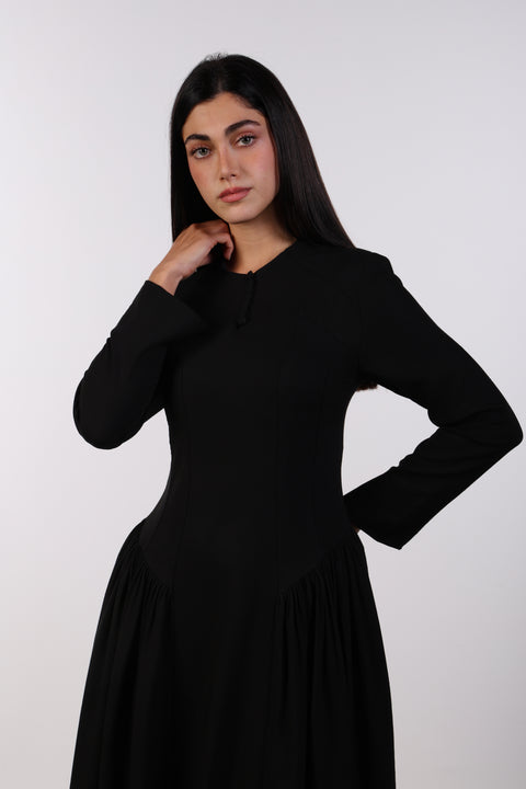 PANELLED MAXI DRESS FULL SLEEVES — WOMENS BLACK