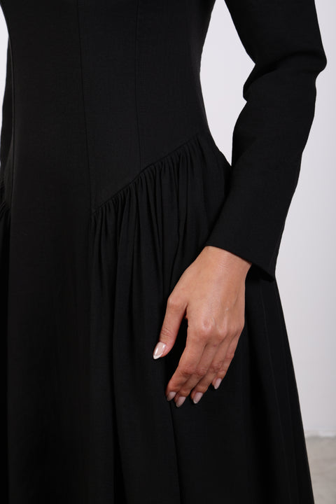 PANELLED MAXI DRESS FULL SLEEVES — WOMENS BLACK