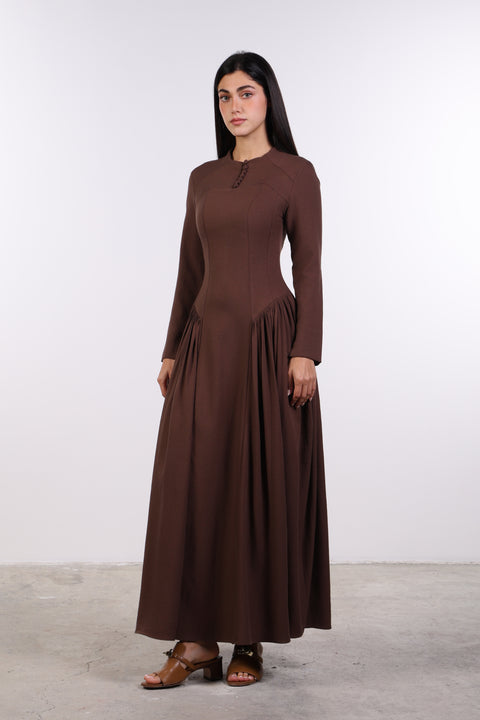 PANELLED MAXI DRESS FULL SLEEVES — WOMENS BROWN