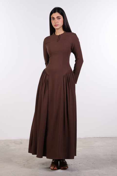 PANELLED MAXI DRESS FULL SLEEVES — WOMENS BROWN