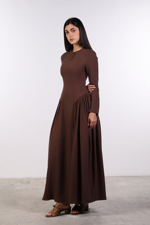 PANELLED MAXI DRESS FULL SLEEVES — WOMENS BROWN