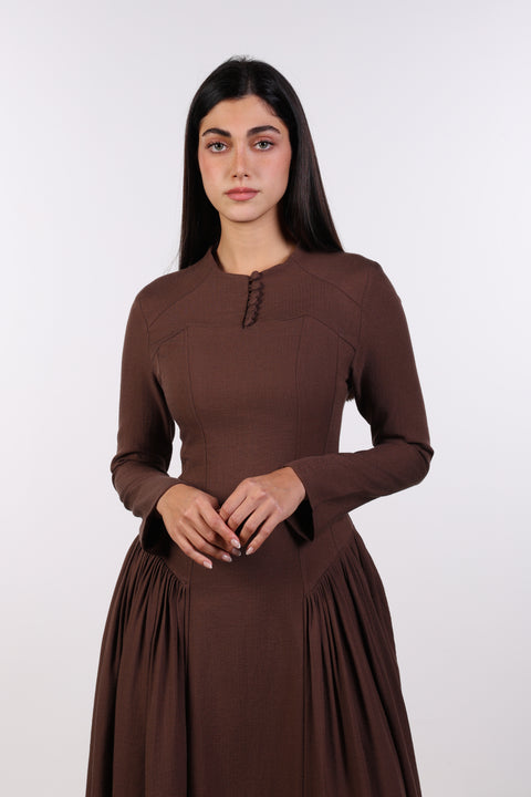 PANELLED MAXI DRESS FULL SLEEVES — WOMENS BROWN