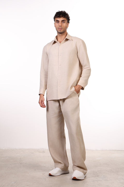 THE CLASSIC LINEN LONG SLEEVE SET  — MENS BEIGE