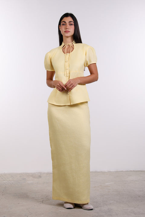 TIE-NECK LINEN SHIRT — WOMENS YELLOW