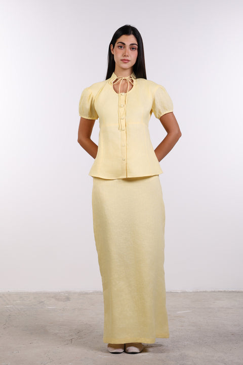 TIE-NECK LINEN SHIRT — WOMENS YELLOW