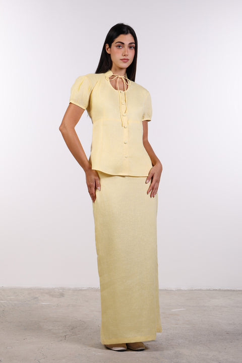 TIE-NECK LINEN SHIRT — WOMENS YELLOW