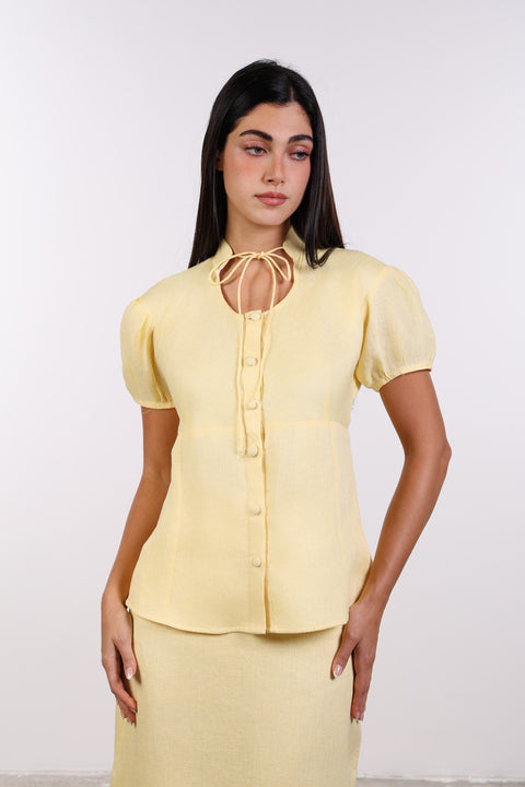 TIE-NECK LINEN SHIRT — WOMENS YELLOW