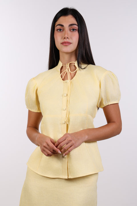 TIE-NECK LINEN SHIRT — WOMENS YELLOW