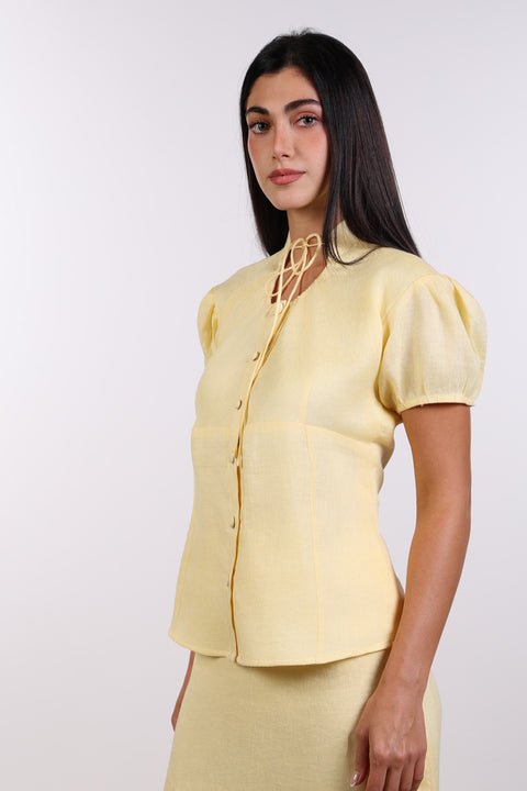 TIE-NECK LINEN SHIRT — WOMENS YELLOW