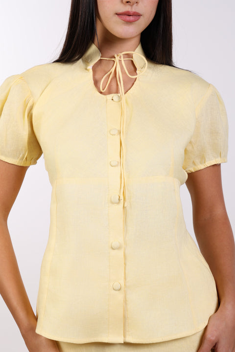 TIE-NECK LINEN SHIRT — WOMENS YELLOW