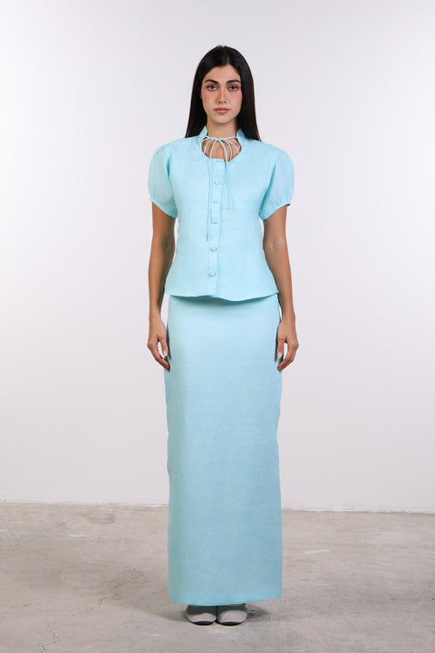 TIE-NECK LINEN SHIRT — WOMENS TEAL