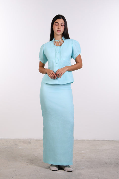 TIE-NECK LINEN SHIRT — WOMENS TEAL