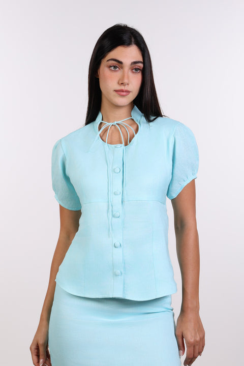 TIE-NECK LINEN SHIRT — WOMENS TEAL